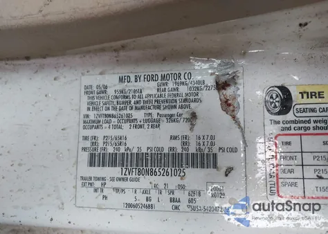 2006 Ford Mustang V6 z USA, uszkodzony, nr VIN 1ZVFT80N865261025